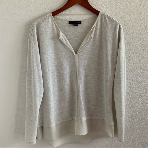 Sanctuary Knit Mixed Media Sweater V Neck Front Cut Neutral Minimalist Medium - Picture 3 of 12